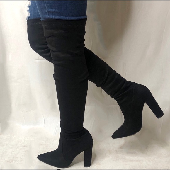 Black Over The Knee Boots Pointed Toe - Picture 3 of 8